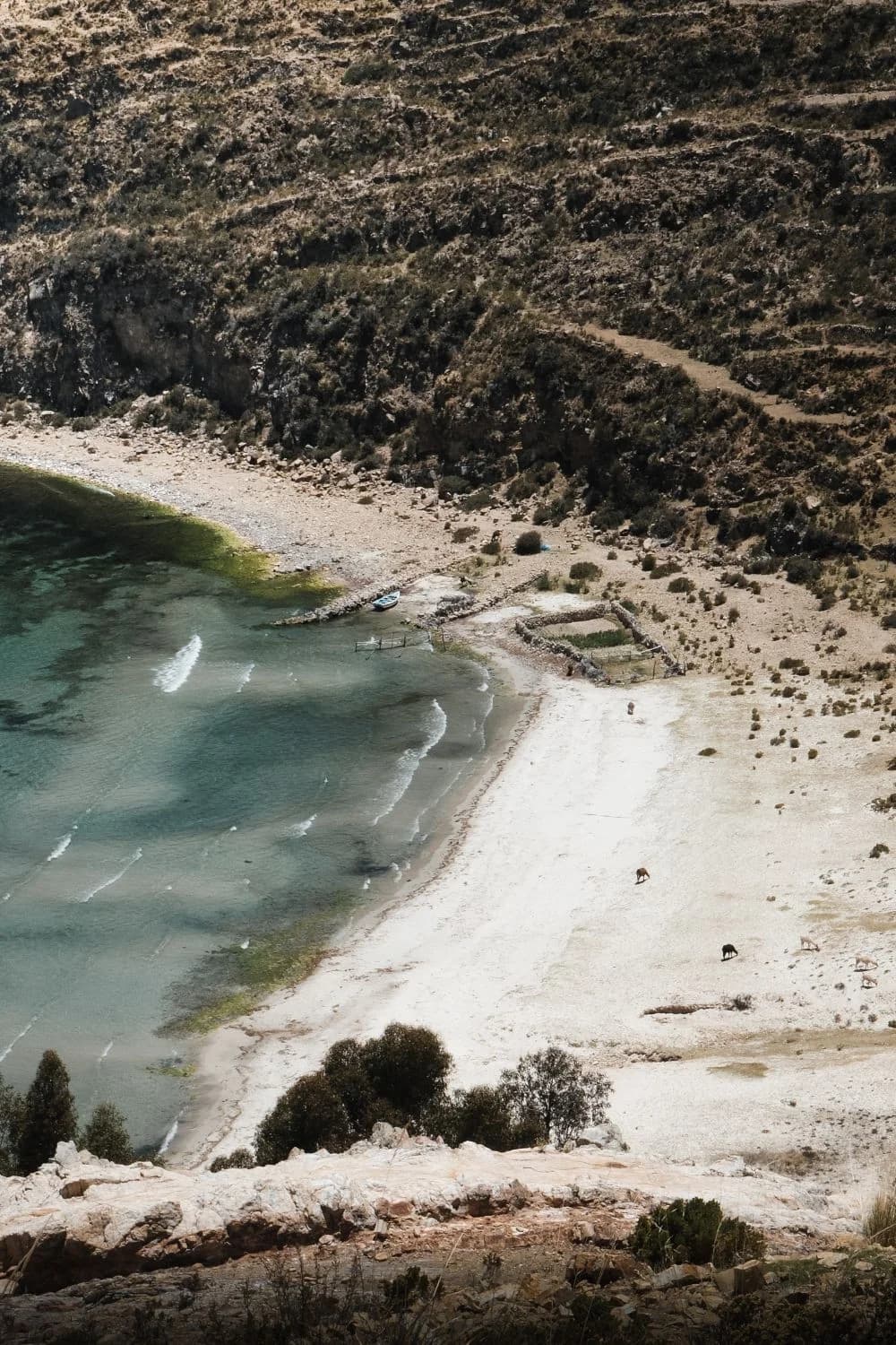 Vue aérienne d'une plage et d'un lac turquoise
