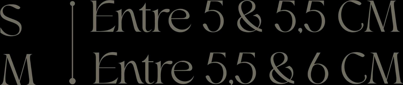 Tableau des tailles : S entre 5 et 5,5 cm, M entre 5,5 et 6 cm